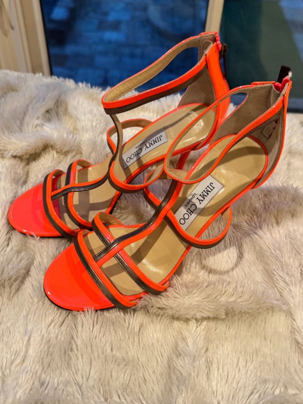 Jimmy Choo Neon Orange Patent Leather Strappy Heels Sandals EU 37
